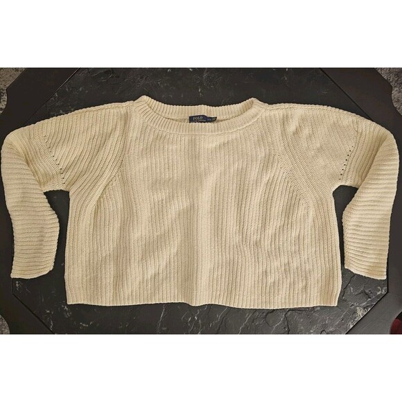 Polo Ralph Lauren Cropped Oversized Cream Knit Pullover Sweater Womens Sz L - Picture 1 of 5
